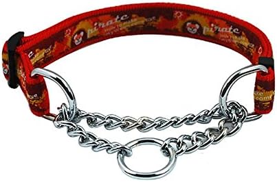 Strimm Adjustable Nylon Martingale Choke Collar with Pirate Printed Pattern for Large and Extra Large Breed Dogs- Red