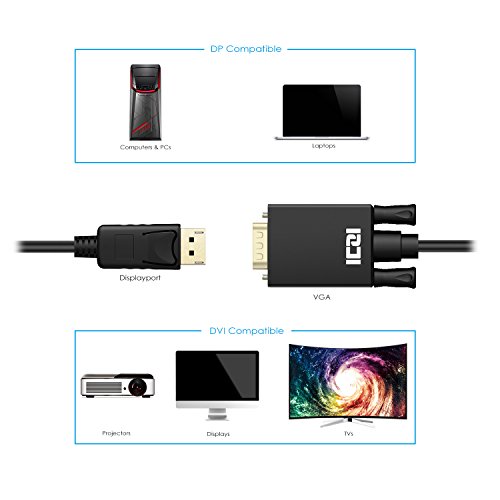ICZI DisplayPort auf VGA Kabel (Male zu Male, vergoldet Stecker, 1080p) Adapter, für der Monitor mit VGA Buchse anschließen, Schwarz (3m) - 5
