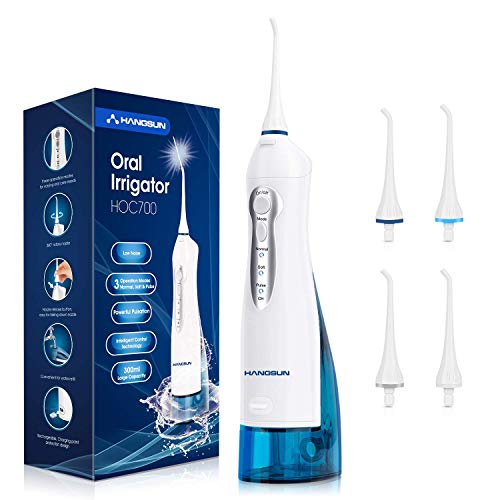Hangsun Hydropulseur Jet Dentaire, Jet Dentaire Electrique pour Soins Hygiène de Dents Professionnel Rechargeable IPX7 Étanche Irrigateur Oral avec 4 Replaceable, Réservoir d'Eau de 300ML