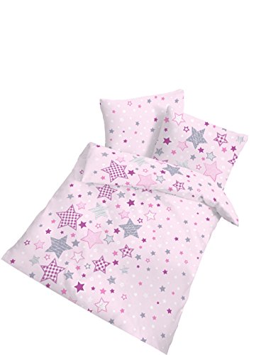 Renforce Baby Bettwäsche Sterne Stars rosa lila grau – Größe 40×60 + 100 x 135 cm – hergestellt in Deutschland - 2