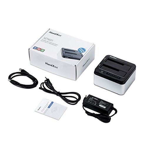 HandAcc USB 3.0 Offline Klon Docking Station mit 2 Einschüben, optimiert für HDD / SSD Festplatte, 2,5″ und 3,5″, 2,5 und 3,5 Zoll (SATA I / II / III), inklusive USB 3.0 Kabel und 12V 4A Netzteil, unterstätzt 2x 6TB - 7