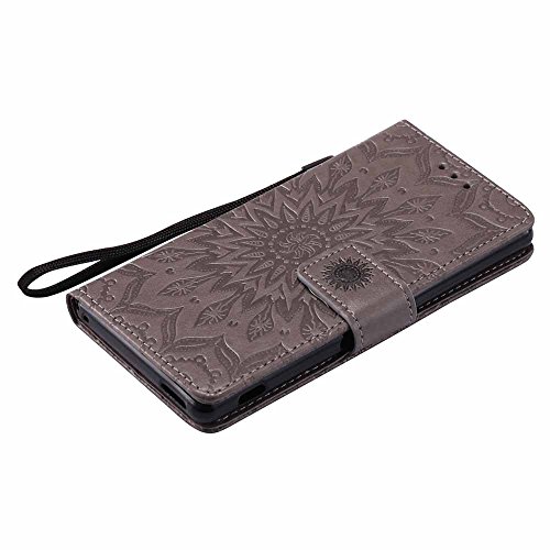 Xperia M4 Aqua Hülle, Dfly Premium Slim PU Leder Mandala Blume prägung Muster Flip Hülle Bookstyle Stand Slot Schutzhülle Tasche Wallet Case für Sony Xperia M4 Aqua, Grau - 7