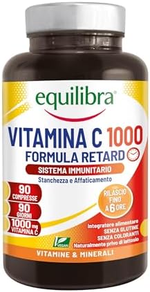 Equilibra Integratori Alimentari, Vitamina C 1000 mg, Integratore Altodosato per la Normale Funzione del Sistema Immunitario, Rilascio Graduale Fino a 6 Ore, Vegan, Gluten Free, 90 Compresse