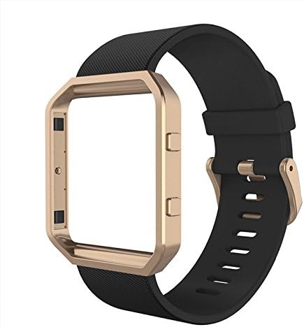 Heyroy Fitbit Blaze Strap With Frame, Silicone Replacement Wristbands With Stainless Steel Metal Frame Case For Fitbit Blaze Smart Fitness Watch (Black Band with Rose Gold Frame, Small)