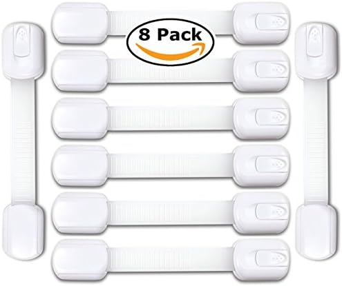EliteBaby Adjustable Child Safety Locks 8 Pack - Latches to Babyproof Cabinets, Appliances, Drawers, Toilet Seat, Fridge, Oven | No Drilling | Extra Strong 3M Adhesive, White, Baby Shower Gift