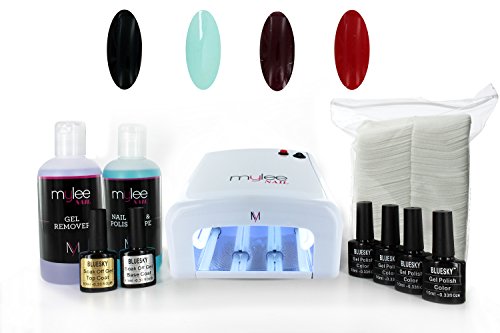 Nail Gel Polish Kit 4 Shellac Bluesky Colours Top Base Coat UV Lamp Starter Kit Mylee prep + wipe remover 40518/40521/40537/A47