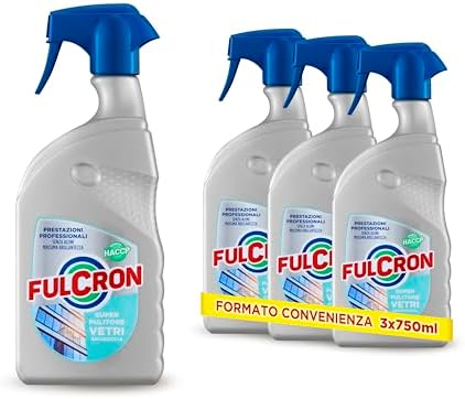 FULCRON Super Pulitore Vetri, Detergente Vetri, Specchi, Cristalli, Superfici Pulite e Brillanti, Rimuove Polvere e Macchie, Idoneo ai Piani HACCP, 3 x 750 ml