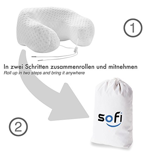 sofi Nackenhörnchen | Orthopädisches & ergonomisches Reisekissen | aus viscoelastischem Gelschaum | Thermoregulierender Bezug | Reise Nackenkissen /Kopfkissen für Flugzeug, Auto, Zug 31x28x12 cm - 7