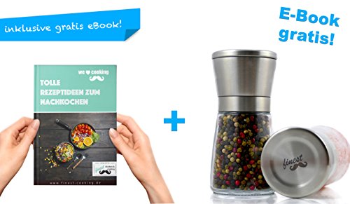 Salz und Pfeffermühle + GRATIS Kochbuch eBook, Edelstahl Gewürzmühle, Einstellbares Keramik-Mahlwerk, 2-teiliges Salzmühle & Pfeffermühlen Set + gratis eBook. - 2