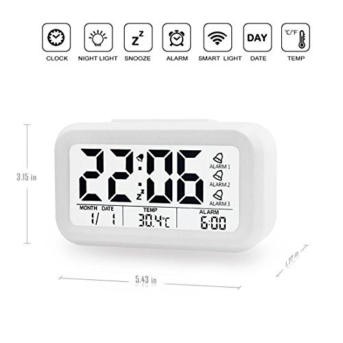 Tenieya Digital Wecker mit 3 Alarmen für optionale Wochentag-Modus, Snooze, Smart Night Light (White) - 3