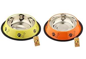 Foodie Puppies Stainless Steel Combo Offer Paw Bone Printed Fiery Orange and Vibrant Yellow Food Water Feeding Bowl for Dogs & Puppies (Medium, 700ml Each)