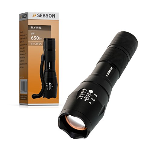 SEBSON® LED Taschenlampe, dimmbar, 2 Blinkmodi, hell 650lm, schwarz, batteriebetrieben, LED Handlampe - 3