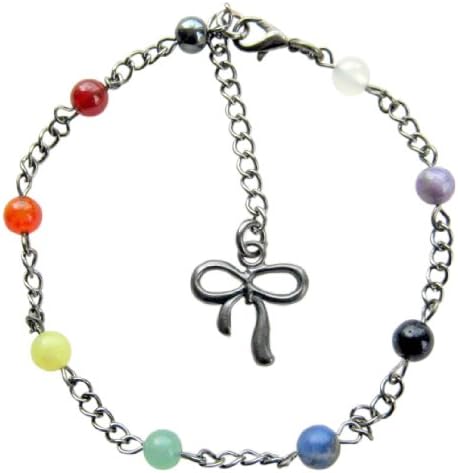 Dellenro ~ 9 Chakra ~ Black Chain Gemstone Ankle Chain Bracelet Anklet 9" & 2" Extender