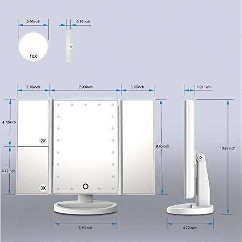 Giwox Make-up-Spiegel Tischspiegel mit LED und Smart Touch Folding Spiegel Triple-2X / 3X / 10X mit kleinen Taschenspiegel (weiß) - 6