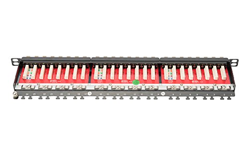 DIGITUS Cat.6A Klasse EA Patch Panel, geschirmt, 24-Port RJ45, inkl. Staubschutzklappen, LSA(+), 8P8C, 0.5HE, 483 mm (19″) Rack Mount, Farbe Schwarz RAL 9005 - 2