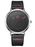 Alienwork Herren Damen Armbanduhr Quarz Silber mit Lederarmband schwarz Ultra-flach dünn
