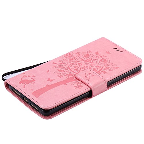 Cozy Hut [Huawei Mate 8 Premium Lederhülle] im Bookstyle Portmonee Tasche Leder Etui Flip Wallet Case Cover mit Katzen und Baum Prägung Muster Handyhülle,Leder Brieftasche Case Hülle mit Standfunktion Kartenfächer für Huawei Mate 8 – rosa - 5