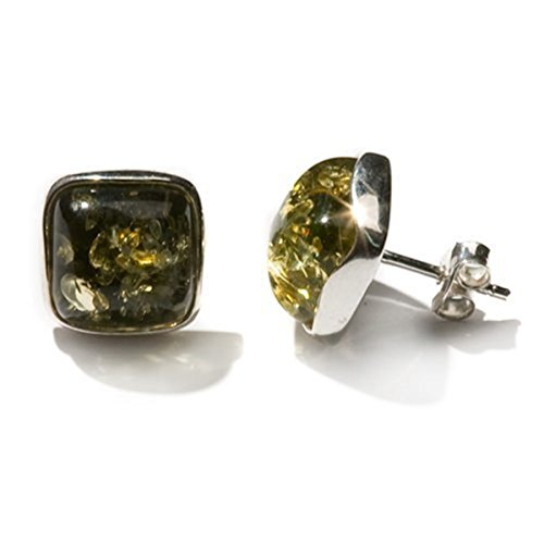 Noda - Pendientes de plata y ámbar verde oscuro 8x8mm