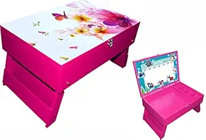 EW Bed Table with Storage | Study Table | Durable & Sturdy Design | Laptop Table | Multi Purpose Table (Wood ,Pink Color, Pink Flower Butterfly Theme)