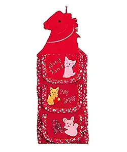 Kuber Industries Printed Horse Design Cotton Three Cabinet Baby Almirah, Kids Wardrobe, Cloth Organizer, Folding Almirah, Toy Box (Red) - CTKTC031004