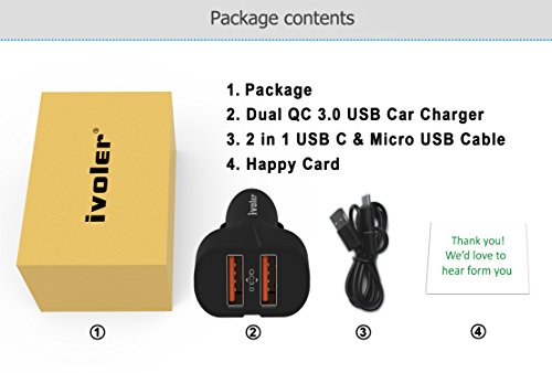 iVoler Dual Quick Charge 3 0 36W 2 Puertos USB Cargador de Coche  2 QC 3 0 Puerto  con 2 en 1 Cable Cargador Micro USB y Tipo C para Samsung Galaxy S9 S9 Plus S8 S8  S7 S7 Edge S6 S6 Edge Edge   iPhone X   8   8 Plus   7   6s Plus  5s  ASUS Zenfone 3   2  LG G5   G4  Sony Xperia Z5  HTC 10  A9 M8 M9  Nexus 6  Xiaomi Mi 5  iPad Tab y m  s