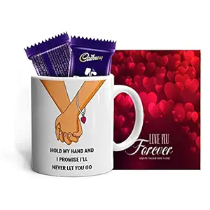 Kesri Gifts I Promise Never Let You Go Printed Coffee Mug (350 Ml) With Greeting Card and 2 Dairy Milk Chocolate - Valentine Day Gift For Girlfriend, Boyfriend , Husband,Wife(CVD043)