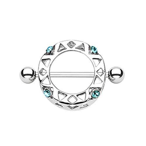 Body Jewellery Shack Nipple Bar Ring Aztec Shield Piercing Solid Hoop with Pink or Aqua Gems