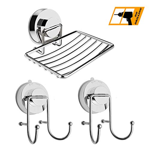 Jabonera + (2 Unidades) Soporte de Doble Gancho, Super Potente Ventosa de Ducha Soporte de jabón Doble Gancho para Bata - Sistema de vacío - Acero Inoxidable Nunca se oxida