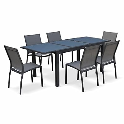 Alice's Garden - Salon de jardin table extensible - Orlando Gris foncé - Table en aluminium 150/210cm, plateau de verre, rallonge et 6 chaises en textilène