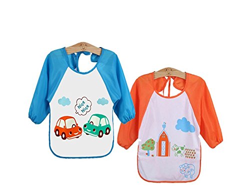 (Set of 2) WATERPROOF BIBS Baby/Child's Long Sleeve Bib / Apron / Smock Blue & Orange 1-3 yrs