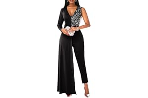 seiveini Combinaison Femmes Pantalon Chic Soirée Paillettes à Col V Manches Longues Fluide Skinny Fit Combishort Taille Haute Vêtements de Performance