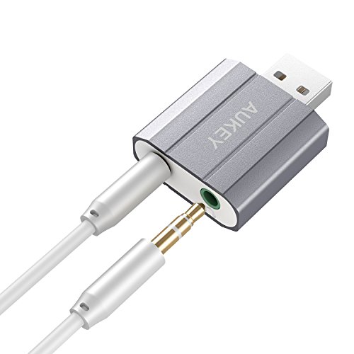 AUKEY Externe Soundkarte USB auf 3.5mm Audio Jack Stereo Sound Adapter für Windows / Mac / Linux Externe Audio Quelle mit Mikrofon ( Space Grau ) - 3