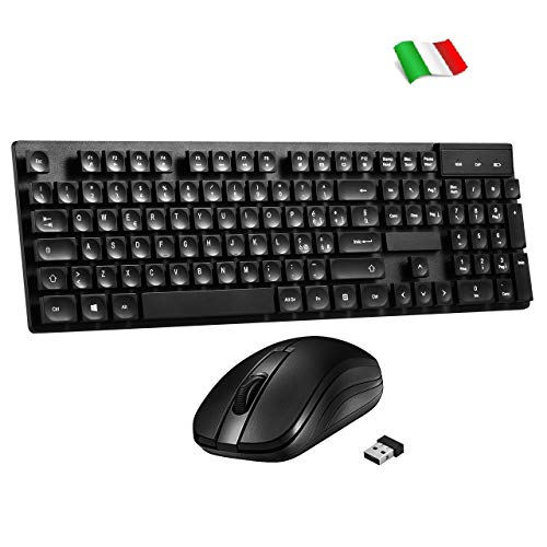 TOPELEK Tastiera e Mouse pc, Mouse e Tastiera Wireless PC Combo Tastiera Senza Fili Impermeabile e Mouse Wireless per Windows, Mac OS