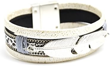 BC999E - Magnetised cuff bracelet - multi-strand - embossed - ecru - python and feathers - silver - fantasy fashion