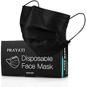 Prayati Polypropylene Disposable 3 ply layer with nose clip Meltblown Ultrasonic Surgical mask for Men and Women Pin Certified by CE ISO GMP (Black) - pack of 50 pieces