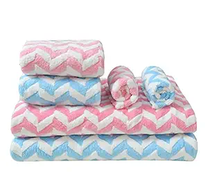 House Beauty Microfiber Towel Set, 2 Pieces Bath Towel 68 x 136cm, 2 Pieces Hand Towel 40x60cm, 2 Pieces Face Towel 25x25cm (Pink and Sky-Blue)