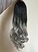 Ladies 3/4 Wig Fall Clip In Hair Piece Extensions Ombre Dip dye (Wavy/curly, Black to siver grey)