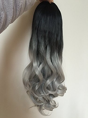 Ladies 3/4 Wig Fall Clip In Hair Piece Extensions Ombre Dip dye (Wavy/curly, Black to siver grey)