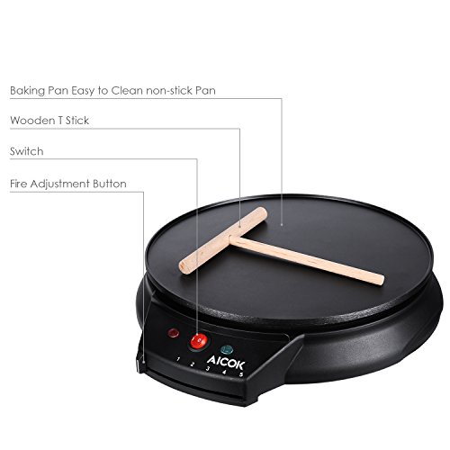 Aicok Crepesmaker Eletronische Pfannkuchen Maschine Antihaftbeschichtete Crepes Platte mit Crepes Verteiler, 30cm, 1000W, Schwarz - 3