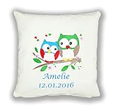 Z09 Kissen 40 x 40 cm mit Namen Datum Eule Ecru/Blau Groß