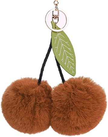Fixuk Cherry Soft Faux Fur Handbag Phone Car Pendant Girls Keychain Key Ring (Coffee)