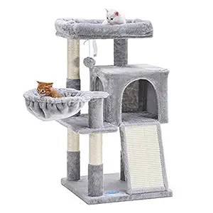 Hey-brother Cat Tree with Sisal Scratching Posts, Cat Tower with Scratching Board,Multi-Level Cat Condo with Basket,Light Grey MPJ014W