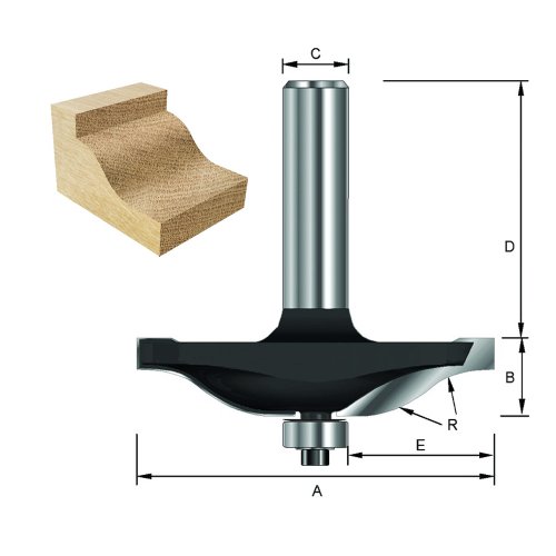 ENT Abplattfräser Karnisprofil HW (HM), Schaft (C) 8 mm, Durchmesser (A) 50,8 mm, B 12,7 mm, R 9,52 mm, E 19mm, D 32 mm, mit Kugellager