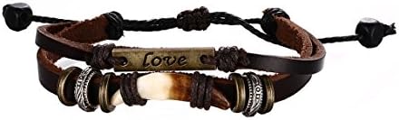 Unisex Leather Braided Rope Stainless Steel Love Wolf's Fang Adjustable Bracelet