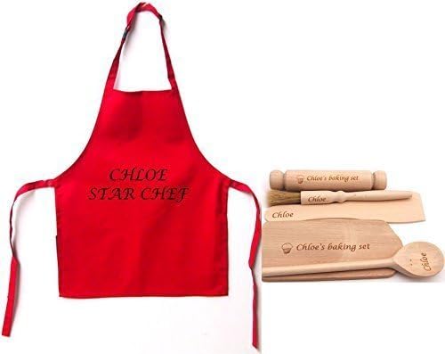 WOODEN CHILDS BAKING TOOL SET with FREE Engraving plus PERSONALISED PRINTED APRON