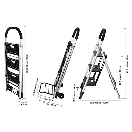 Finether 2-in-1 Klapptrittleiter & Sackkarre | Alu Leiter Klappleiter Trittleiter Klapptritt Stufenleiter Stehleiter Haushaltsleiter klappbar 3 Stufen bis 180 kg belastbar | Transportkarre Handkarre Paketroller Kistenkarre mit 2 Rädern faltbar bis 60 kg belastbar - 2