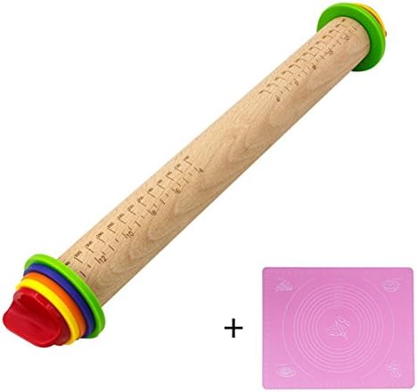 Adjustable Rolling Pin Wood with Colorful Guide Rings for Professional Bakers + Pink Silicone Baking Mat
