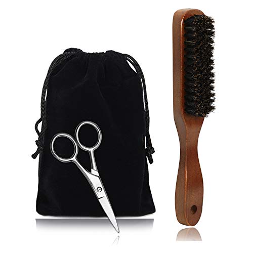 Cepillo de Barba Para Hombre Cerdas de Jabalí y Peine a Juego + Tijeras Precisas de Bigote, Juego de regalo perfecto para hombres (marrón oscuro)