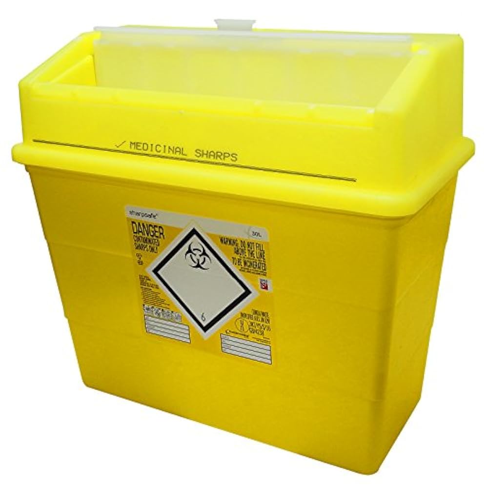 A box of full sharps. Контейнер для использованных игл. контейнер для меда. sharps bin. sharp коробка.