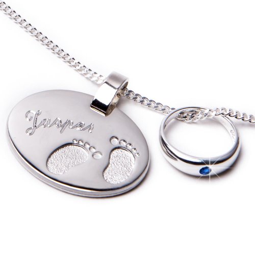 Taufset Taufring Safir & Anhänger mit kleinen ausgestanzten Füßchen Panzerkette inkl. Wunschgravur 925/- Sterling Silber Taufgeschenk